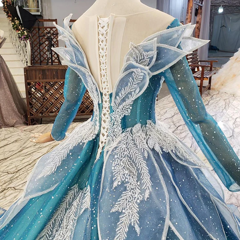 

HTL1847 V-Neck Sequined Applique Blue Custom Evening Dress 2020 Long Sleeve Crystal Baeding Ball Gowns