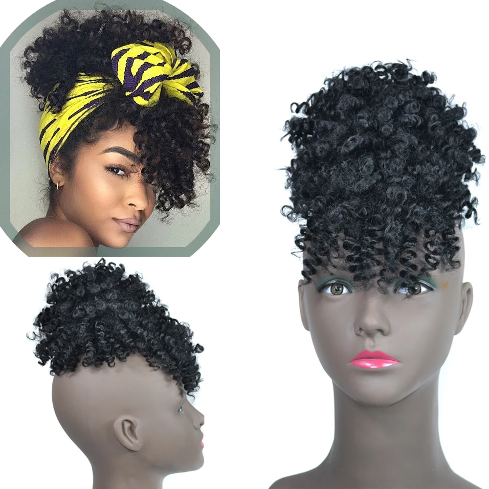 

Afro Kinky Curly Ponytail With Bangs Afro Puff Clip In Hair Extensions For Black Women Synthetic Drawstring Ponytail Hair Bun
