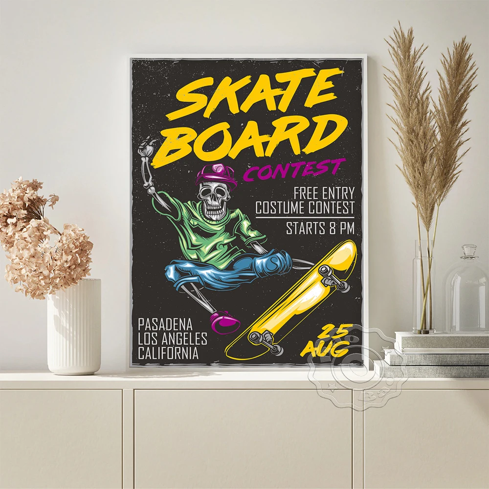 

Skate Board Costume Contest Vintage Art Publicity Poster Skeleton Sport Boy Illustration Retro Home Decor Kids Room Wall Picture