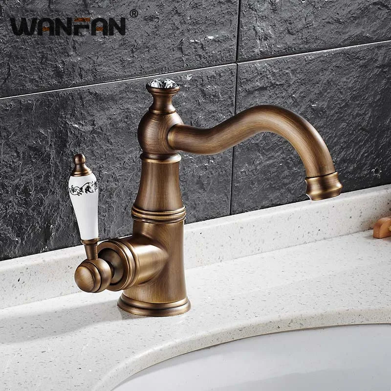 

Basin Faucets Modern Antique Deck Mounted Bathroom Mixer Faucets Brass Finish With Diamond High Bathroom Sink Faucet S79-358