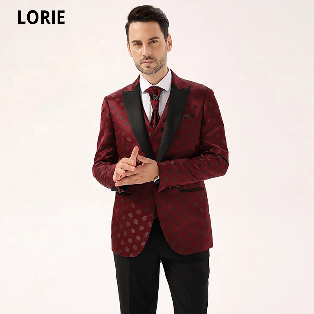 Мужской Жаккардовый костюм с лацканами LORIE красный атласный 3 шт. | Мужская одежда