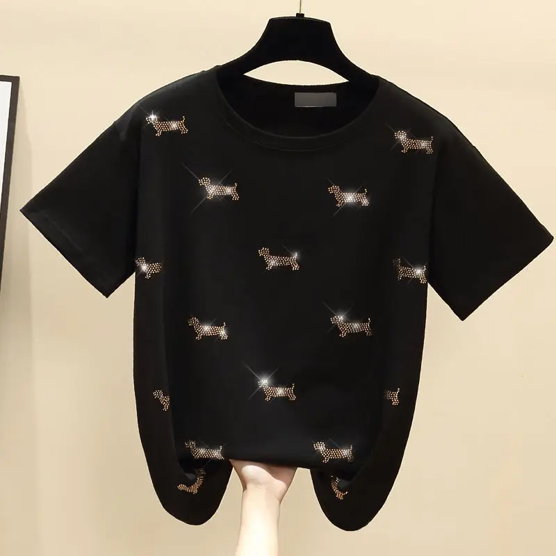 

Women's Cotton Diamond Short-Sleeved T-shirt Korean Style Ins Fashionable Loose Black Top for Summer Student Half Sleeve T-shirt