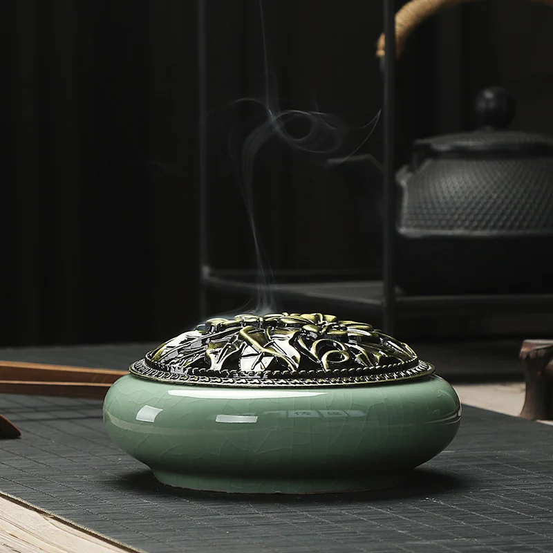 Cyan Ароматическая горелка Celadon, керамический сплав, медное покрытие, печь для ароматерапии, чайная церемония, ароматерапия, аксессуар для комнаты для медитации - Цвет: Cyan