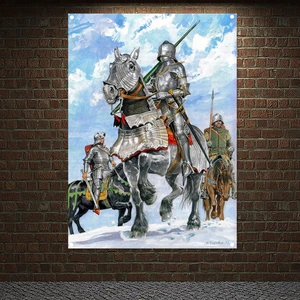 Knights Templar Battle Flag Banners Ancient Art of War Medieval Warriors Poster Canvas Painting Vintage Wall Hanging Tapestry E5