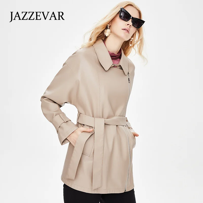 JAZZEVAR 2021 Autumn New British Style Retro Classic Gun Collar Design Mid-length PU Leather Jacket