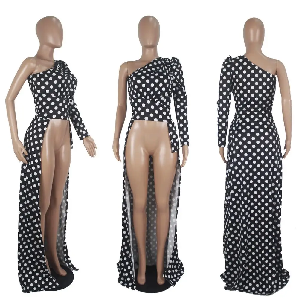 

Irregular Dot Print Long Top One Long Sleeve Off Shoulder Women Front Short Back Long Casual Balck Blouses Plus Size White Dress