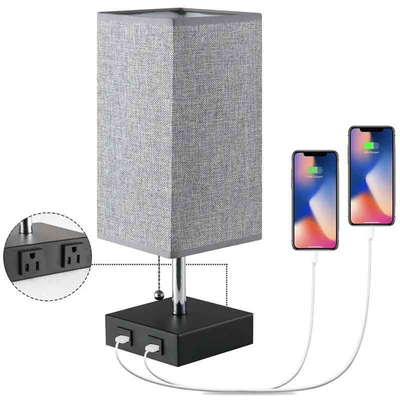 

USB Charging Table Lamp Bedside Lamp With 2 USB Ports 2 AC Outlet Linen Fabric Shade Nightlight Modern Nightstand Lamps For Room