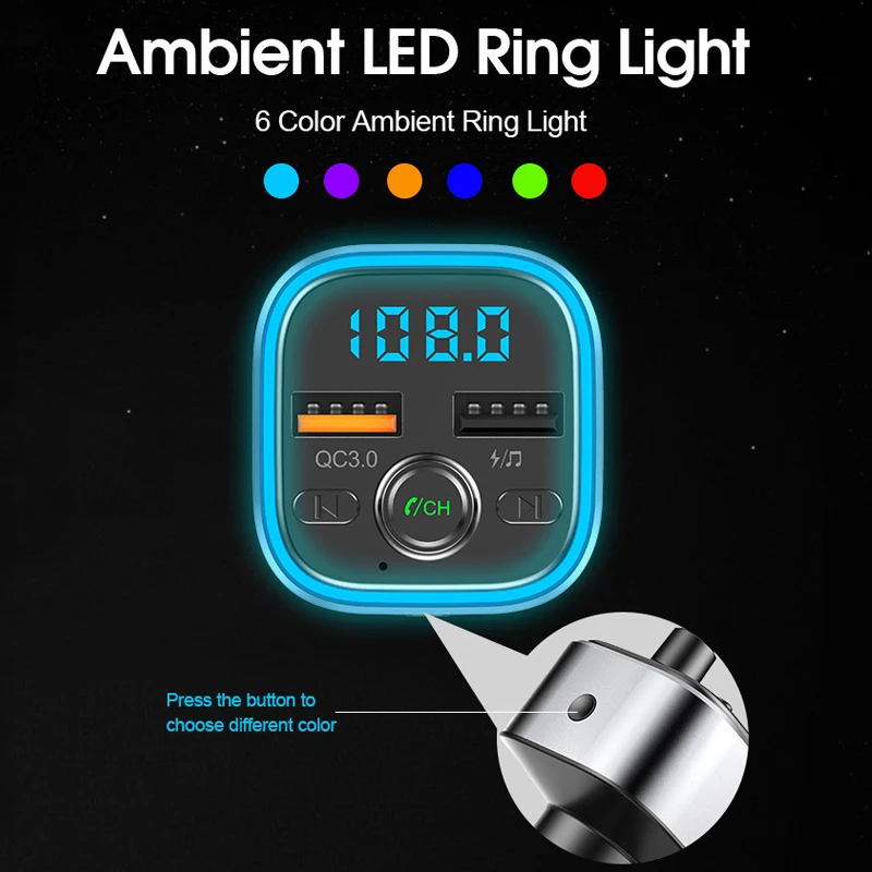 FM передатчик Bluetooth для автомобиля/FM модулятор 6 цветов с подсветкой LED, беспроводной радиоадаптер для автомобиля с зарядкой QC3.0
