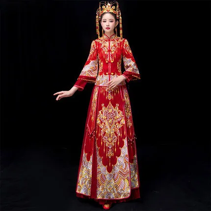 

Size 5XL 6XL Bride Traditions Red Women Phoenix Embroidery Cheongsam Long Qipao Wedding Dresses Traditional Chinese Dress