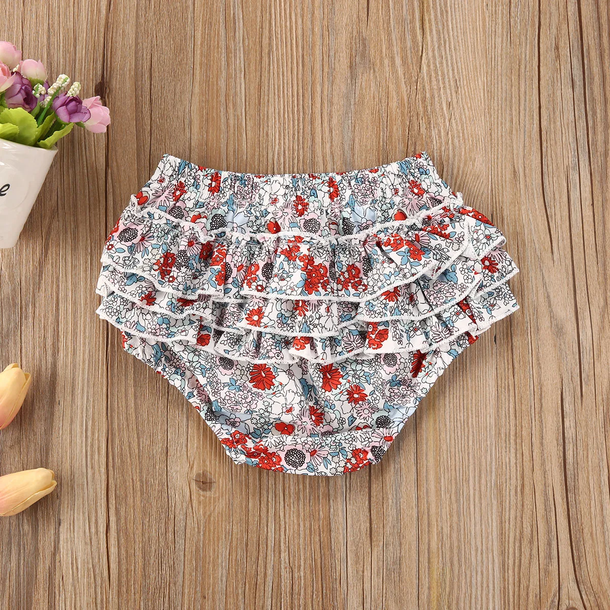 

2021 Fashion Summer Toddler Baby Girl Soft Shorts Flower Printed/Solid Color Knitted Ruffle Cake-Layered High Waist Short Pants