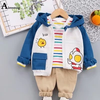 children hooded two pieces set boy long sleeve cartoon print coats and long pants with shirt 2021 autumn kids casual 2ps outfits