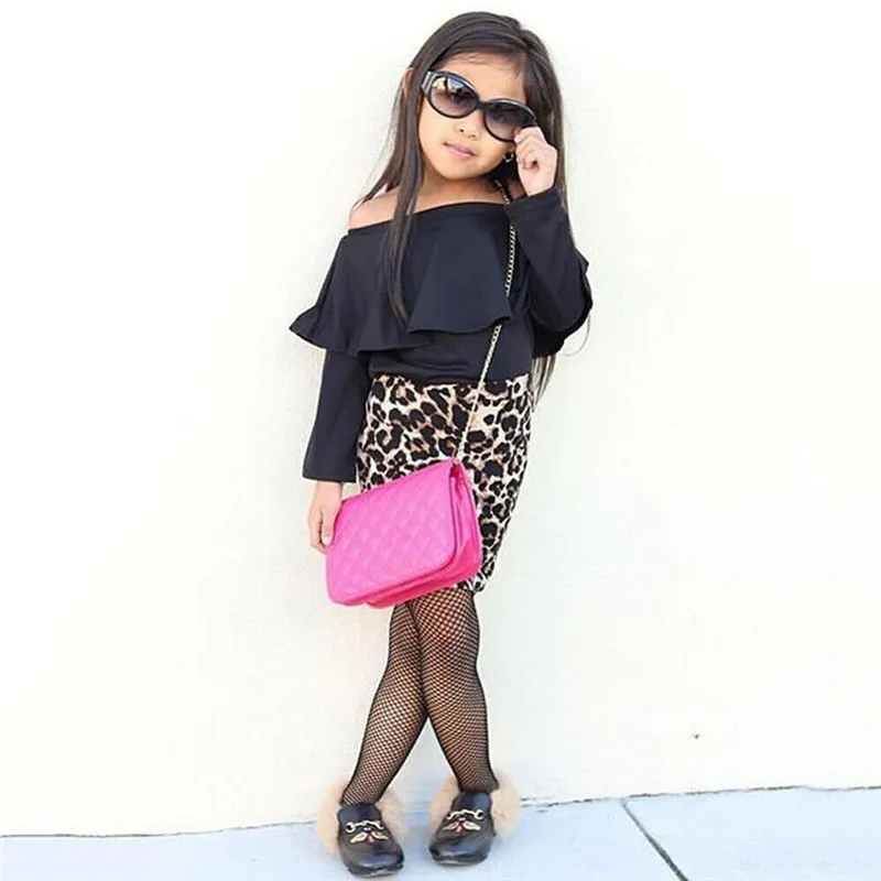 1-5T Fashion Toddler Kids Baby Girls Leopard Clothes set off Shoulder Long Sleeve Tops Skirt Dress Elegant Streetwear Outfit | Детская