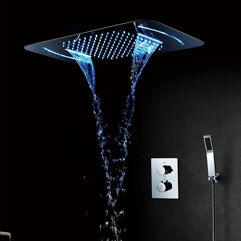 

H Quality Chrome LED Thermostatic Conceal Shower Faucet Set Ceiling 58cm*38cm Spray Head ,Rain/Waterfall Mode，Bathroom Faucet