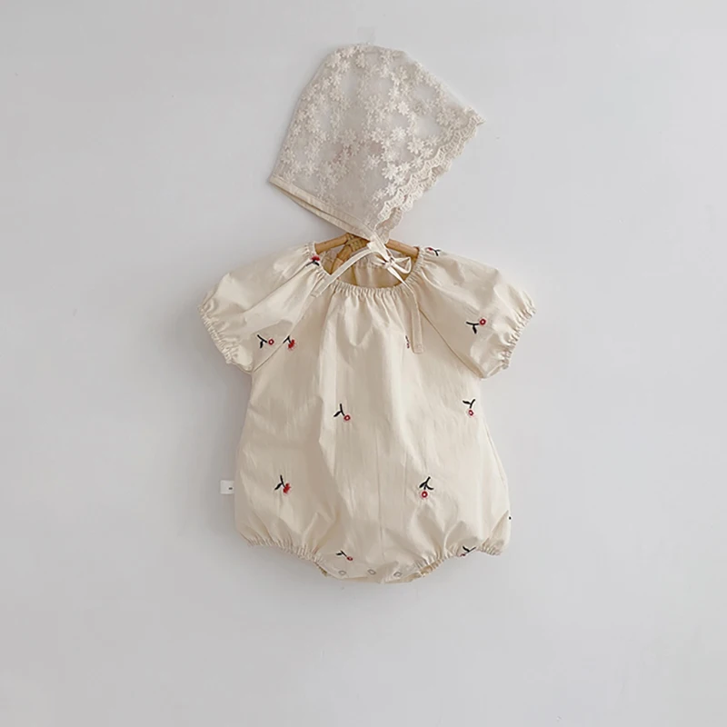 Детское боди MILANCEL летнее цельнокроеное с вишенками и эмотидером кружевной