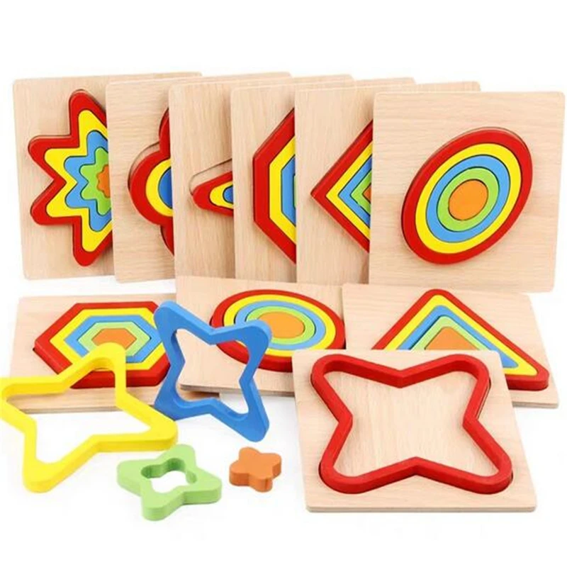 

Hot Sale Wooden Geometric Shapes Montessori Puzzle Sorting Math Bricks Preschool Learning Educational Game Baby Toddler Toys