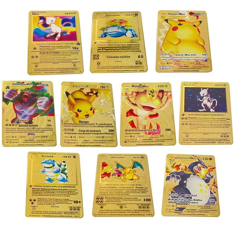

10 Pcs/Set French Version Metal Card Pokemon Pikachu Charizard Venusaur Game Anime Battle Trading Collection Model Toy Gifts