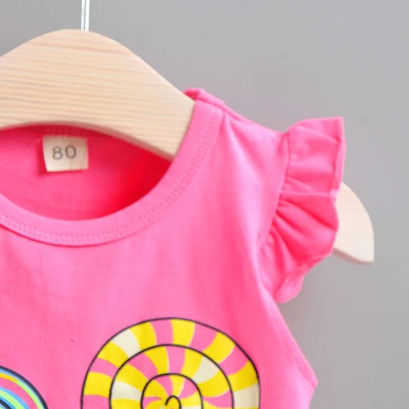 Летняя одежда для маленьких девочек 2 шт. Детские комплекты футболка с леденцом