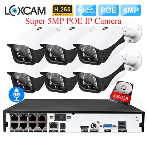 8CH NVR x 6 Cameras LOXCAM H.265+ 8CH система видеонаблюдения 5MP POE NVR комплект 5MP аудио запись открытый водонепроницаемый IP66 безопасности IP камера видеонаблюдения комплект - Цвет: 8CH NVR x 6 Cameras
