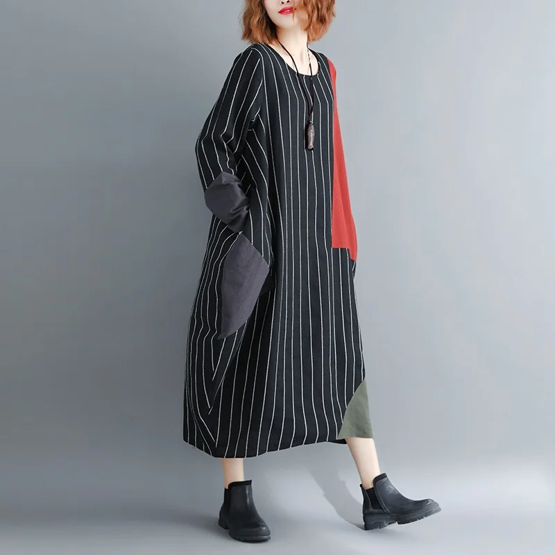Женское винтажное платье в полоску размера плюс с длинным рукавом из хлопка и