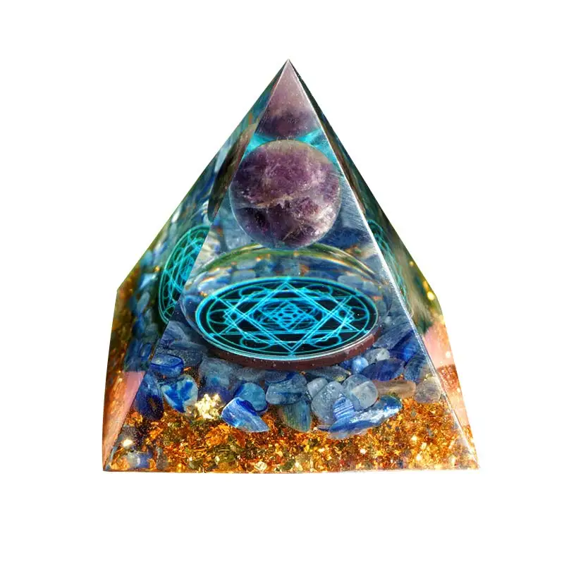 

Handmade Amethyst Crystal Sphere Orgonite Pyramid 60mm with Kyanite Stone Reiki Chakra Energy Orgone Collection EMF Protection