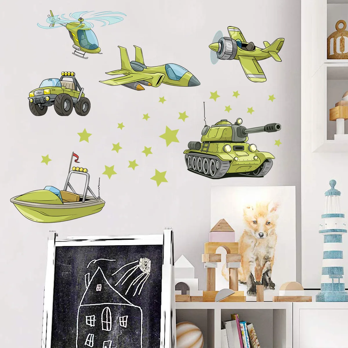 

Green Cartoon Wall Stickers Airplanes Cars Boats Tanks Vinyl Wall Decals Nursery Wall Decoration Kids Room Bedroom Decor Mural