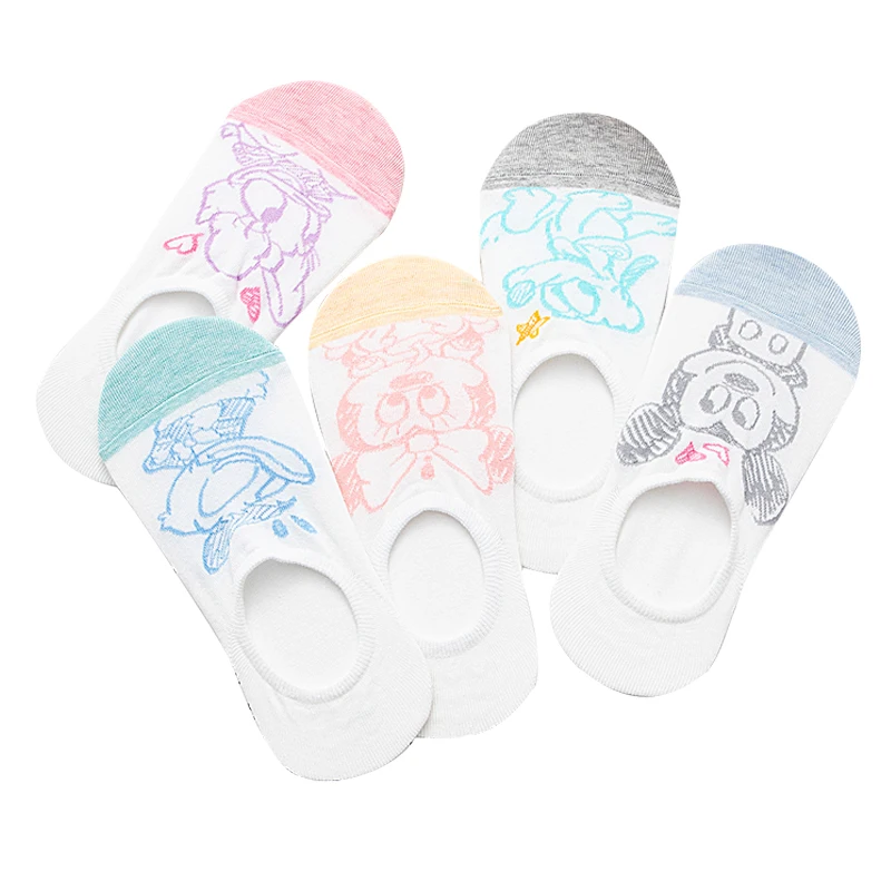 10 pieces=5 pairs korea women socks Cute Cartoon Animal Mickey sock Non slip silicone Invisible socks Girl Ankle sock Size 35-40