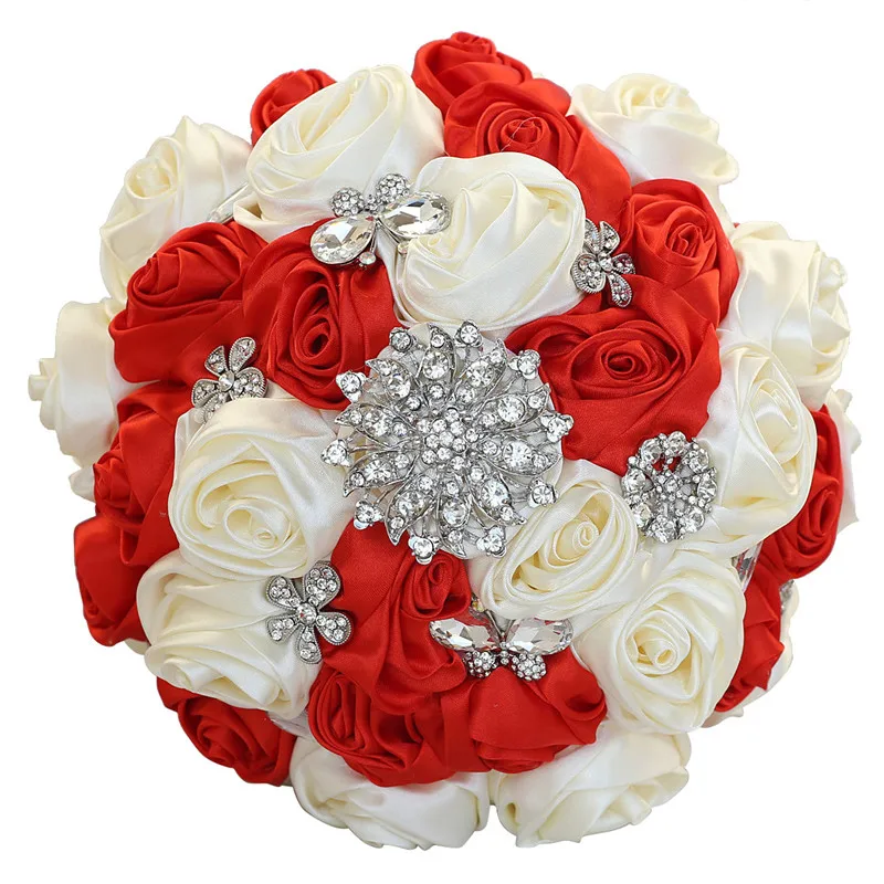 

Red Korean Style 2021 New Bride Holding Flowers Pearl Rhinestones Handmade Wedding Bouquet for Use In Church B04