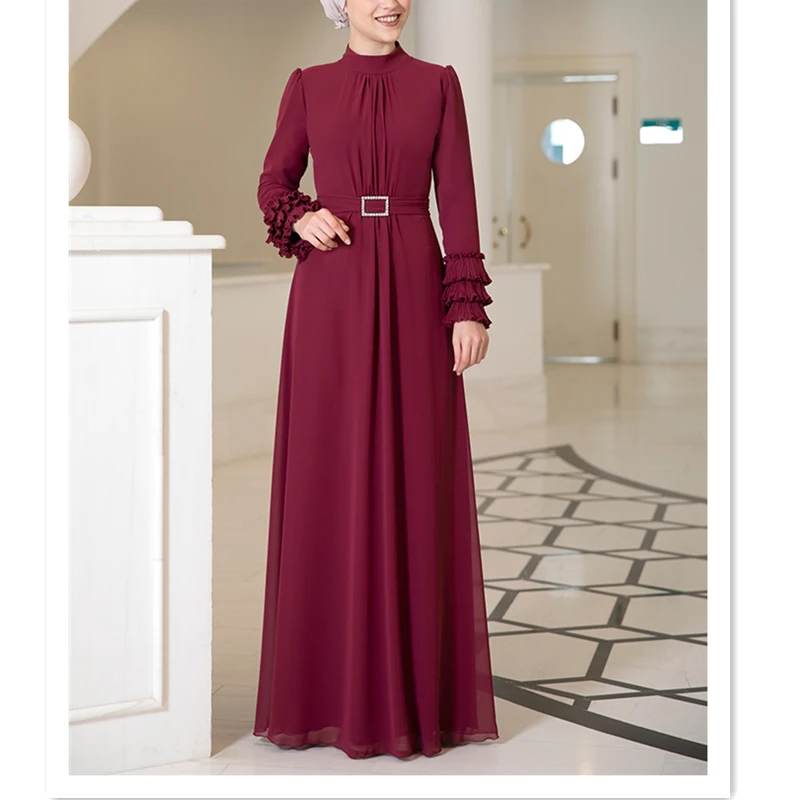 Платье женское длинное Плиссированное, мусульманская одежда в исламском стиле, с поясом с камнями, на молнии скрытой спины, в турецком стиле