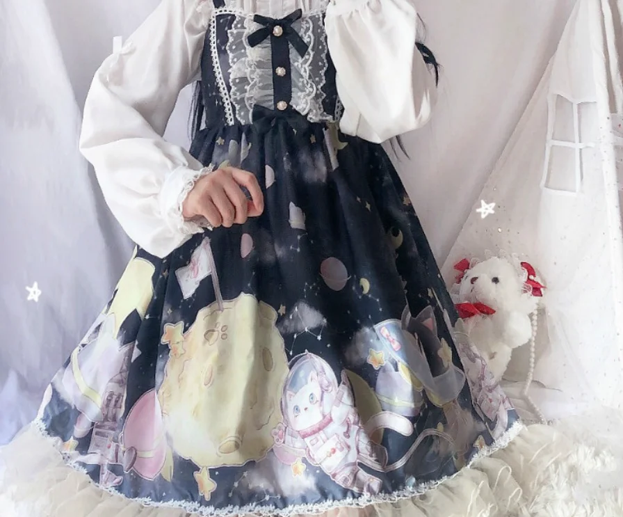 Лолита jsk принцесса лоли печати kawaii платье для девочек градиент Лолита езды Высокая талия бант кружева рюшами Готический Винтаж сладкий лоли