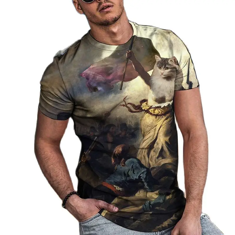 Футболка мужская оверсайз с круглым вырезом модная тенниска 3D рисунком кота