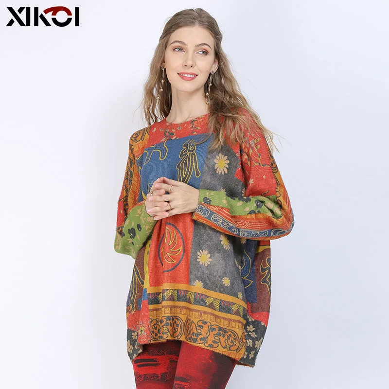 

XIKOI Winter Oversized Sweaters For Women Warm Long Pullovers Dresses Fashion Print Jumper Casual Knitted Sweaters Pull Femme