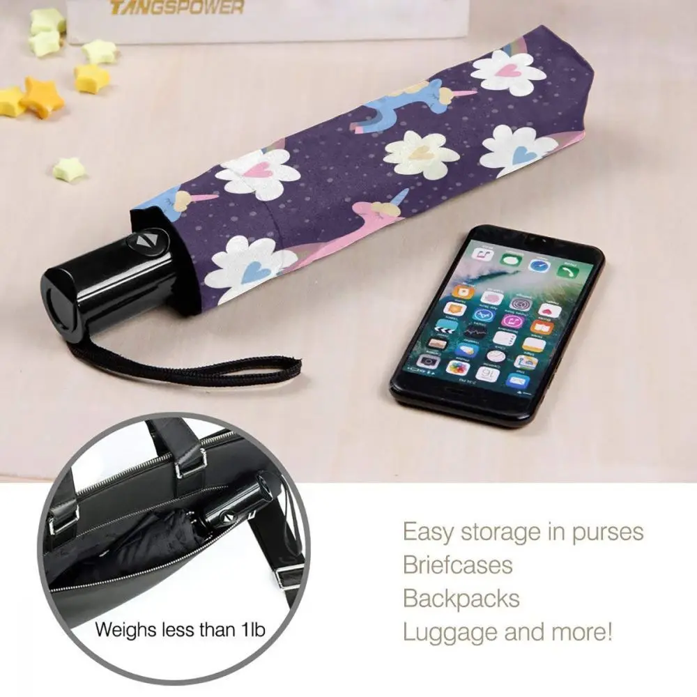 Автоматический зонт Розовый Единорог с радугой и облаками тройного сложения для