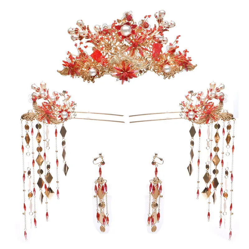 

Chinese Bride Wedding Tiara Hair Crown Female Golden Pearl Headdress Chinese Traditional Female Wedding Phoenix Crown Headdress