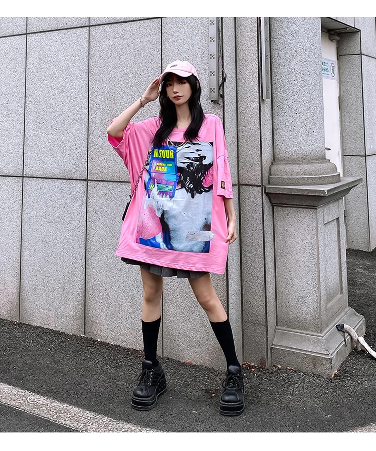 

Vefadisa Black White Pink Summer Patchwork Women T-shirt 2021 Chain Decoration Couple T-shirt Oversize Female T-shirt QYF5865