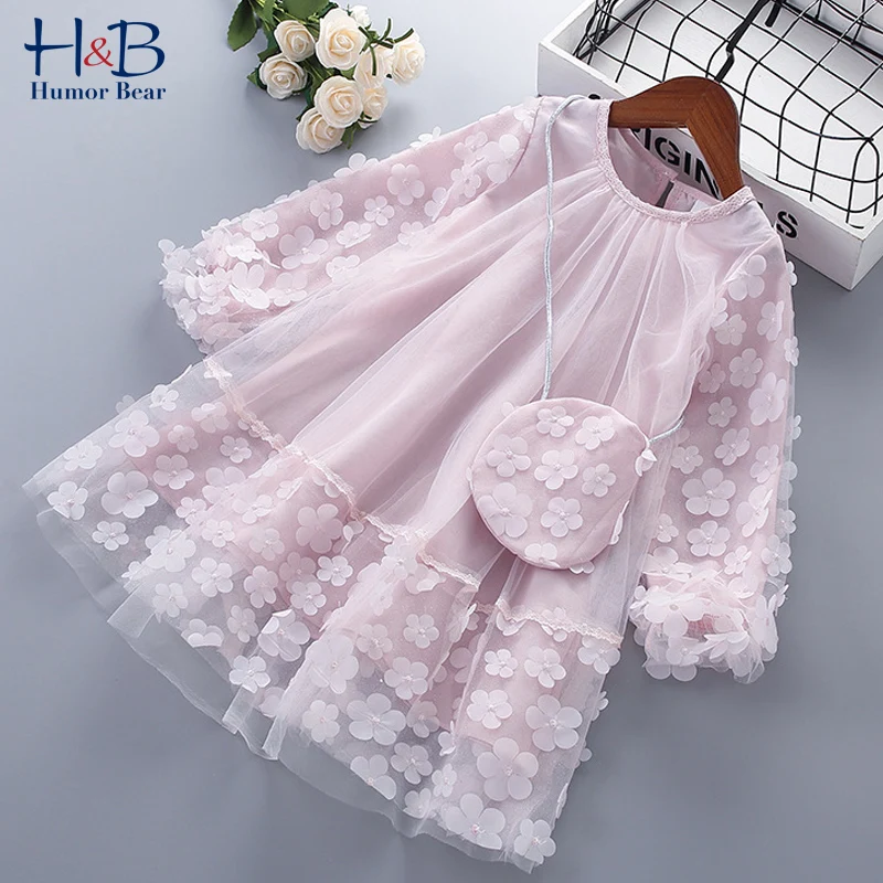 

Humor Bear Girls Dress Spring Autumn Long Sleeve Floarl Printed Cute Princess Dresses Mesh Yarn Patchwork Kids Clothes With b