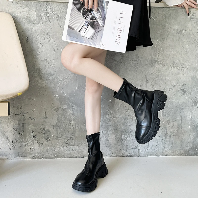 

2021 Autumn Fashion Women Chunky Platform Ankle Boots Thick Sole Punk Leather Shoes Gothic Short Motorcycle Combat Boots Green