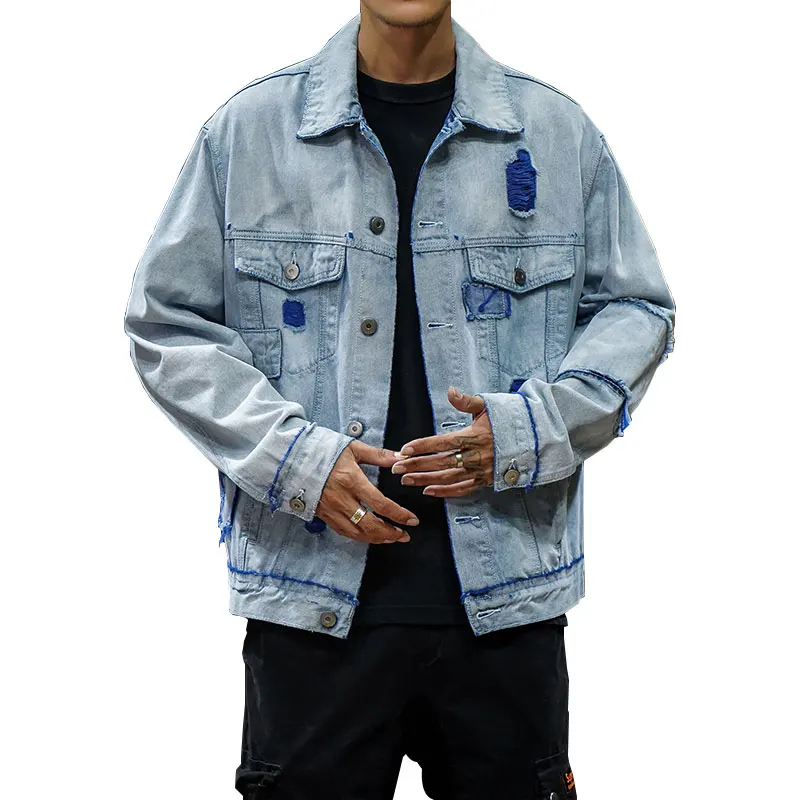 

2019 Men's Denim Jacket Hip Hop Retro Denim Jacket Street Casual Fashion Hole Slim Buttoned Sky Blue Men's Jacket