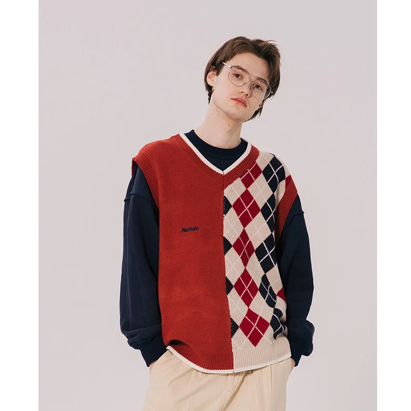 

England Style Couple Sweater Vest Patchwork Men's 2021 New Autumn Sweaters Sleeveless Knitted V-Neck Women Pullover Trendy Loose