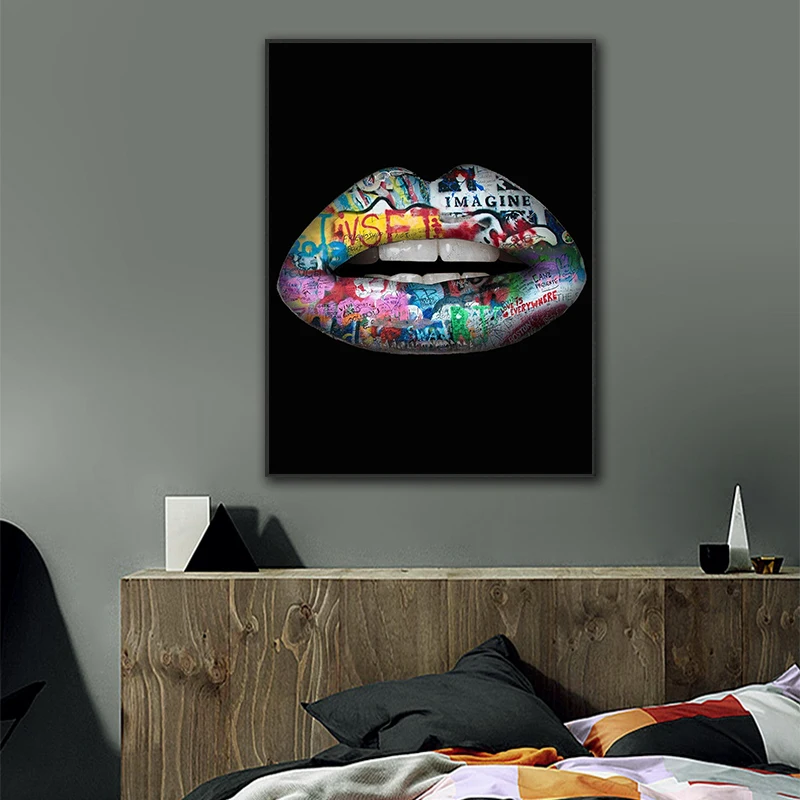 Граффити губы настенная живопись искусство красная роза абстрактные Холст