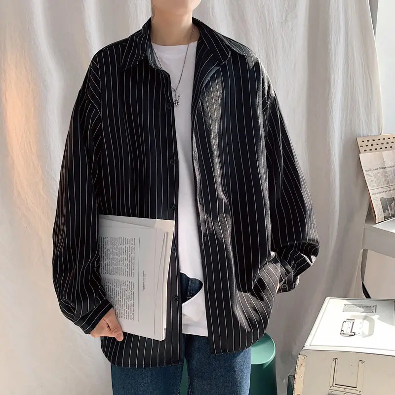 Мужская гавайская рубашка в полоску однотонная серая Модная с длинными рукавами