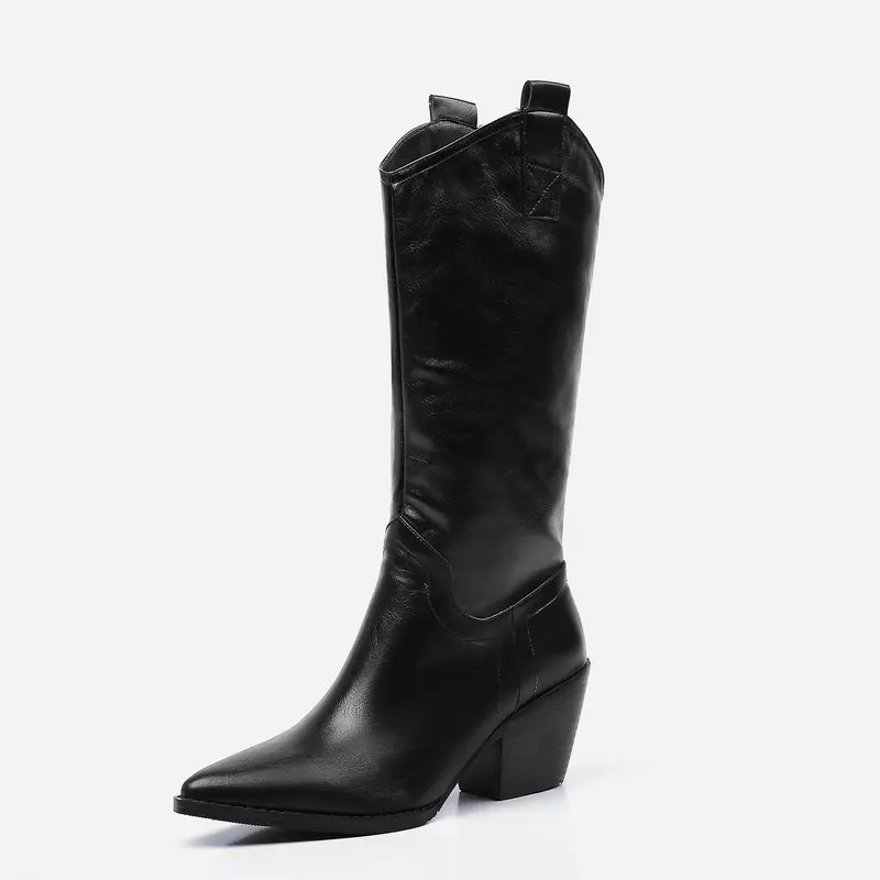 Ковбойские Сапоги на не сужающемся книзу массивном каблуке Цвет черный белый