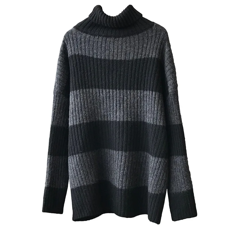 

Winter Turtleneck Thicker Knitted Sweater Ladies Striped Casual Warm Sweaters Simple Long Sleeve Woman Pullover