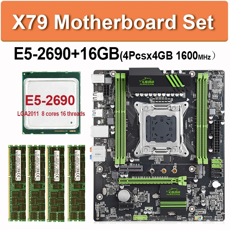 Billig JINGSHA X79 Motherboard LGA 2011 Combo E5 2690 CPU Set 16GB = 4X4GB DDR3 RAM 1600MHz 12800 DDR3 ECC REG SATA3 Vier Kanäle ATX