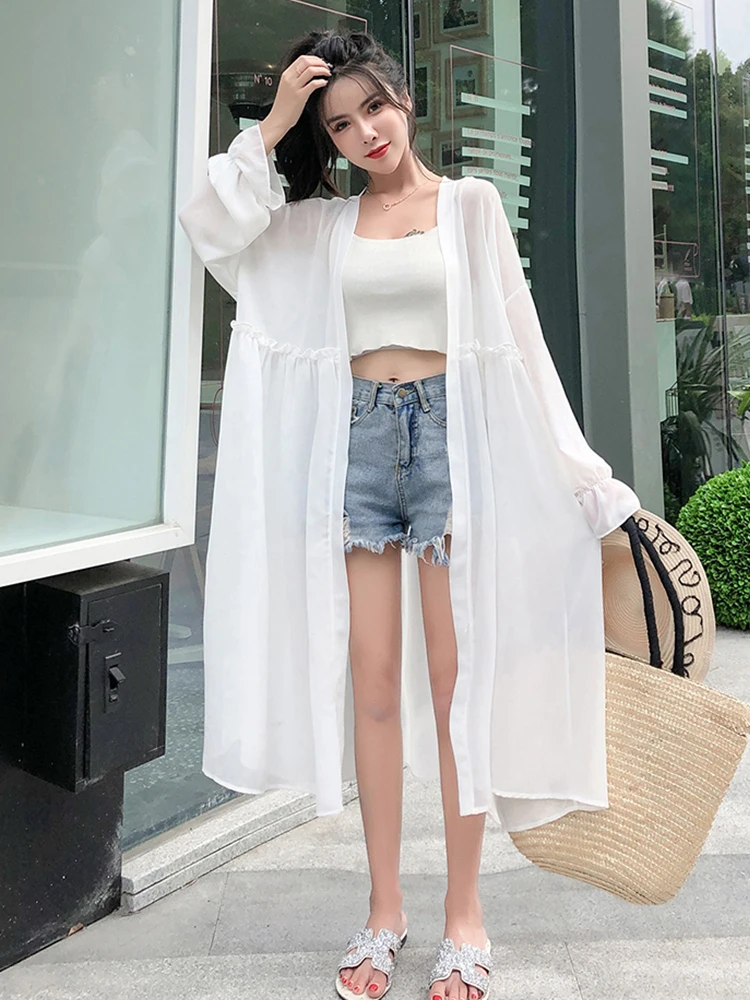 Женское шифоновое пальто с оборками и длинным рукавом свободного покроя |