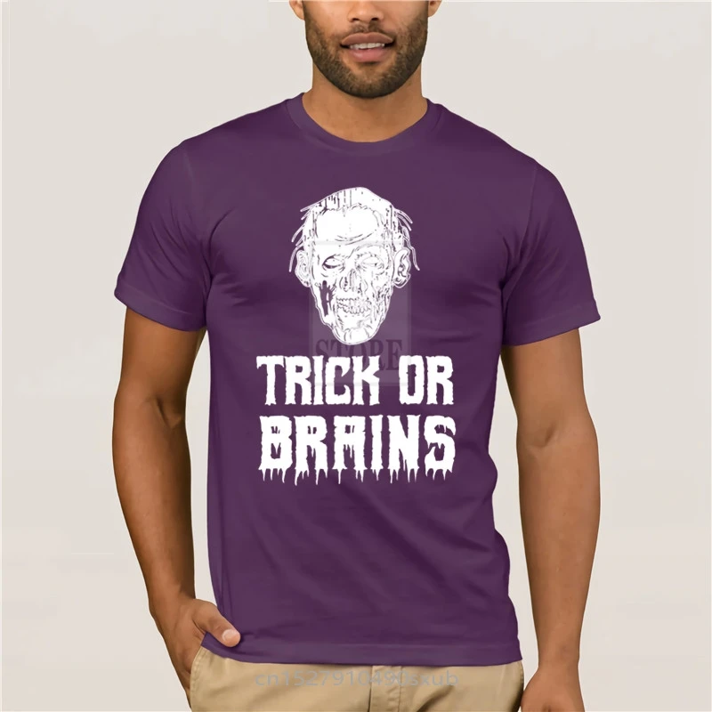 

Fashion summer T-shirt brand men Funny Halloween Zombie Trick Or Brains Zombies Gift Fit Slim 100% Cotton Men's T-shirts