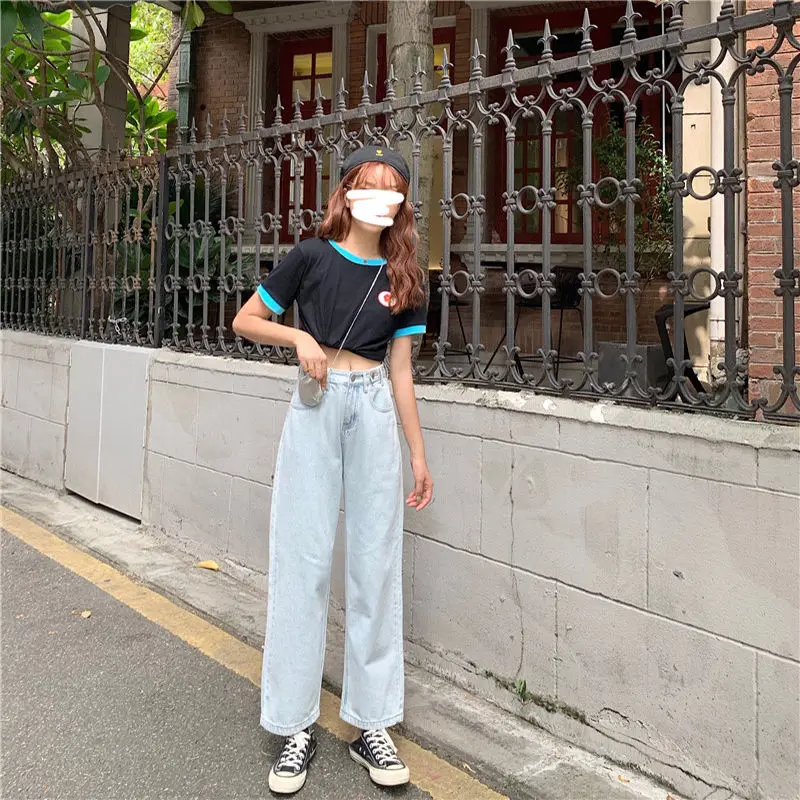 

Light color jeans women's loose fit Korean students' new summer high waist straight pants show thin and versatile, wide leg