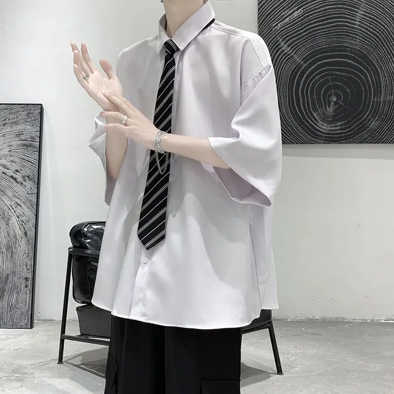 

Korean Tie Dress Shirt Men's Fashion Black White Casual Shirt Men Streetwear Summer Loose Short Sleeve Shirts Mens M-2XL