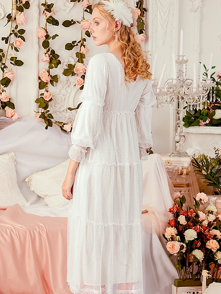 

Summer Sleepwear Vintage White Long Nightgown Women Night Gowns Princess Home Dress Cotton Nightgown Vneck Long Sleeve Home Wear