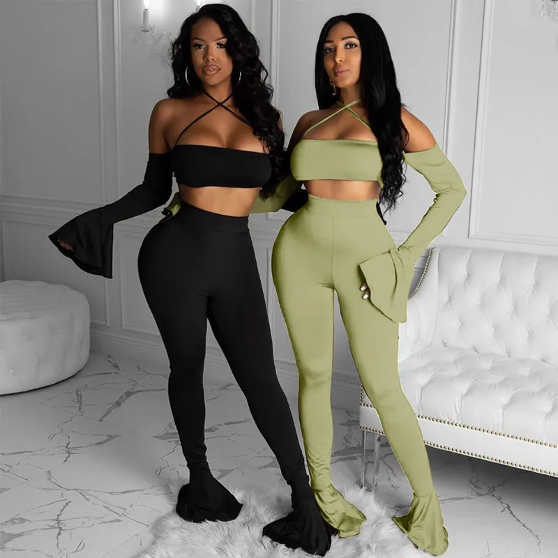 

Sexy Club Stretchy Two Pieces Women Solid Halter Slash neck Flare Long Sleeve Crop Tops And Pants Bell Bottoms Fashion Clothes