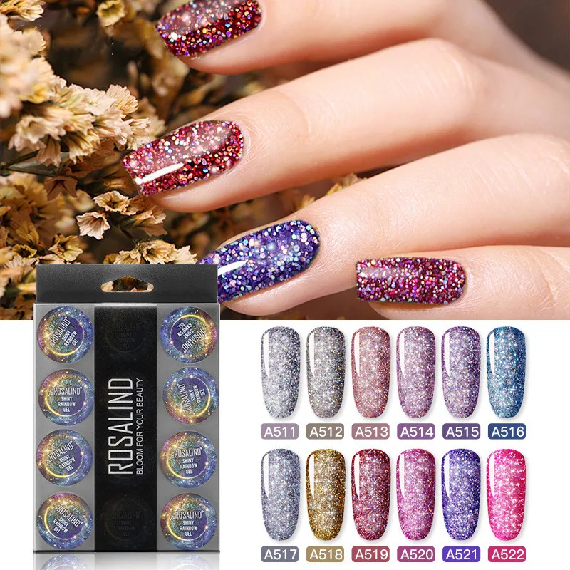

ROSALIND 12PCS/SET Rainbow Gel Set Glitter Rainbow Gold Powder Nail Polish Glue Set Nail Art Accessories Born Pretty